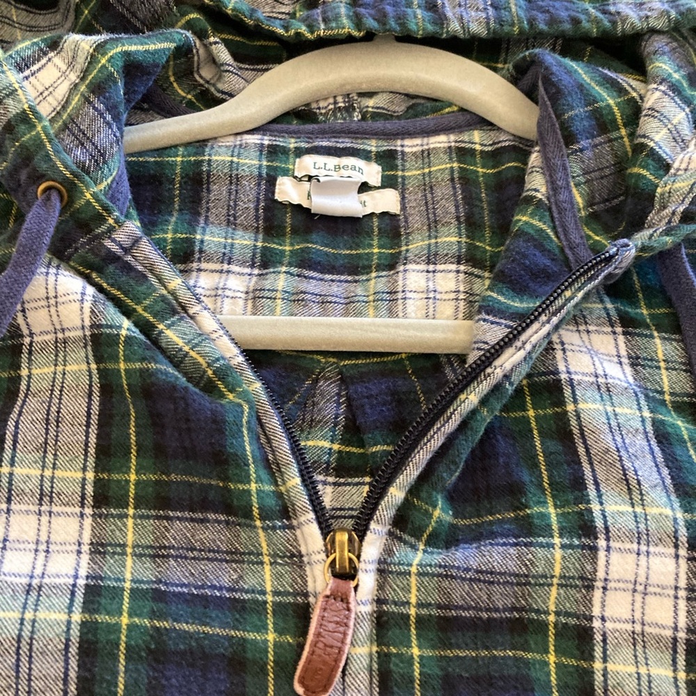 L.L. Bean Green, Blue and White Plaid Hoodie with Leather Zipper Pull